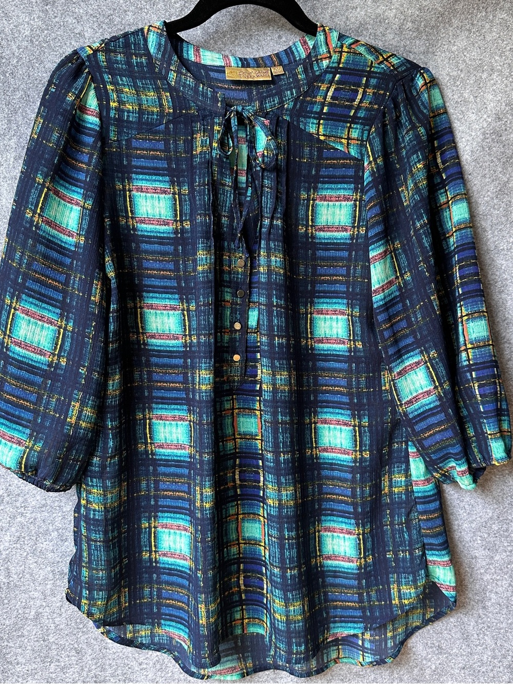 Princess Vera Wang XL Plaid Peasant Blouse Sheer Tie Neck 3/4 Sleeve Blue
